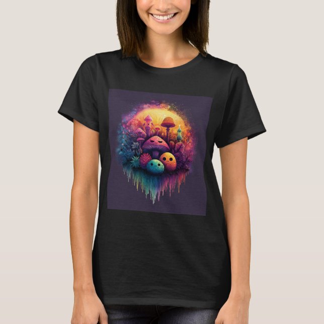 Groovy Fun Mushrooms Women’s Black T-Shirt (Frente)