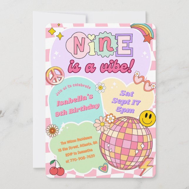 Groovy Nine é um Clima Convite de 9º Aniversário R (Frente)