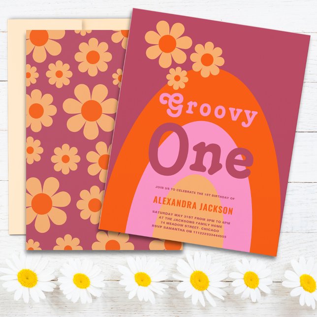 Groovy One Retro Daisy Arch Party - primeiro anive (Groovy one retro daisy arch orange pink yellow 1st birthday party budget invitation )