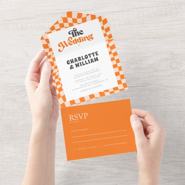 Groovy Orange Checkered Casamento Moderno Único (Tearaway)