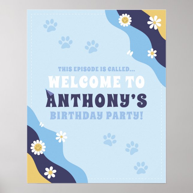 Groovy Puppy Welcome Sign Poster Birthday Blue (Frente)