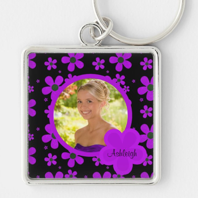 Groovy Purple e Black Photo Chaveiro (Frente)