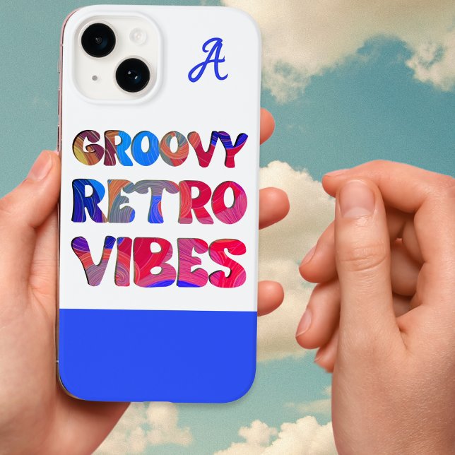 Groovy Retro Vibes Coloridos Monogramas Legal (A monogrammed phone case with 'Groovy retro vibes' caption in multicolored capital letters)