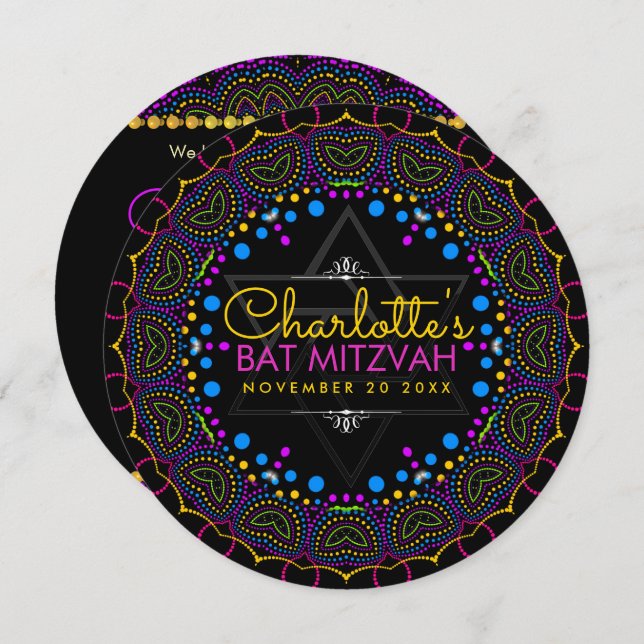 Groovy UV Bohemian Bat Mitzvah Round Convite (Frente/Verso)