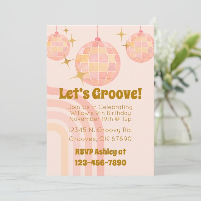 Groovy Watercolor Disco Birthday Convite (Em pé/Frente)
