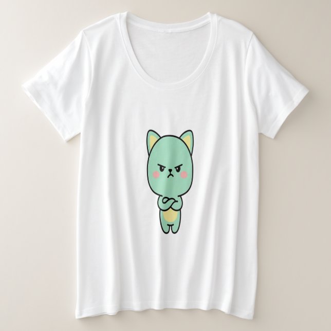Grumpy Mint Cat – Cute Kawaii Cartoon T-Shirt (Frente do Design)