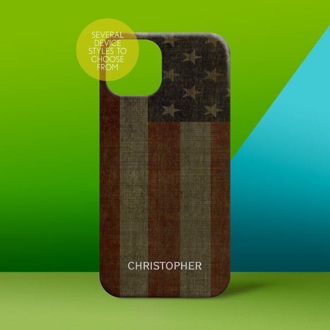 Grungy American Flag com Linen Finish e Name (Personalized Phone Case - subtle name)