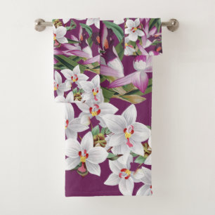 Grupo roxo branco de toalha de banho das flores da