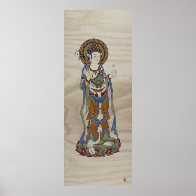 Guan Yin Buddha Doug Fir Background Art Impressão (Frente)