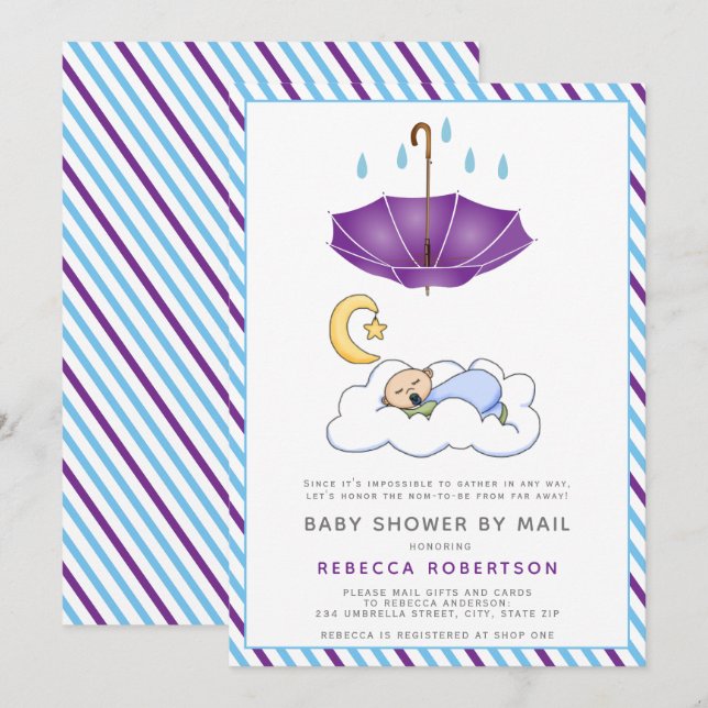 Guarda-chuva roxo, convite de chá de bebê de menin (Frente/Verso)