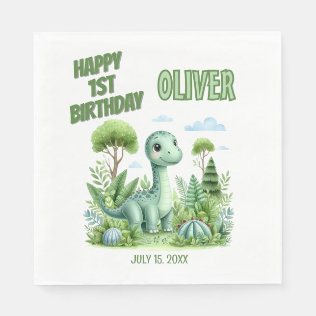 Guardanapo De Papel 1º Aniversário do Bebê Dinossauro (Frente)