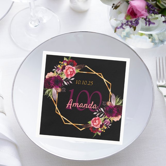 Guardanapo De Papel 100º aniversário do ouro negro geo-burgundy floral (Criador carregado)