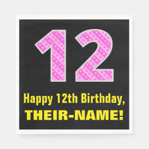 Guardanapo De Papel 12 Aniversário: Listras e Corações Rosa "12" + 