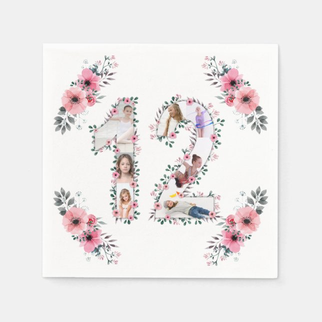 Guardanapo De Papel 12 Birthday Girl Flower Collage White (Frente)