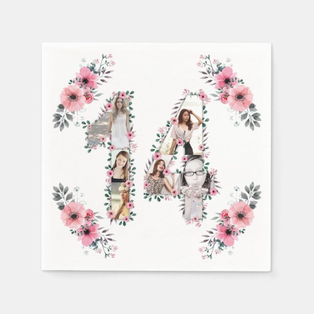 Guardanapo De Papel 14 Birthday Girl Flower Collage White (Frente)