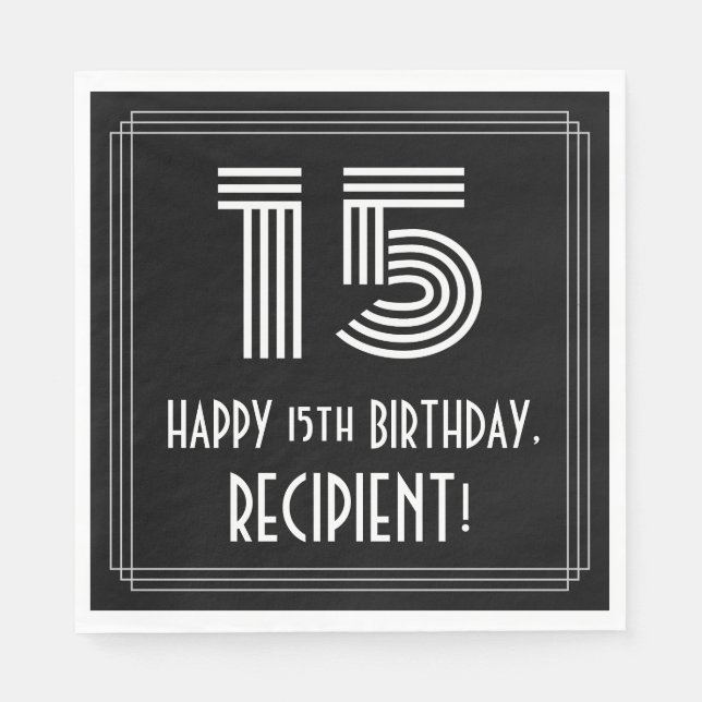 Guardanapo De Papel 15 Aniversário: Art Deco Inspirou "15" + Nome (Frente)