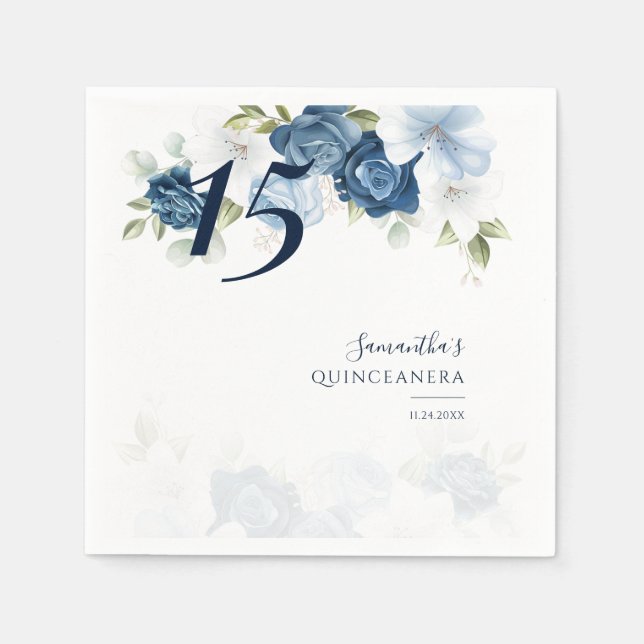 Guardanapo De Papel 15 Floral Birthday Quinceanera Dusty Blue Paper (Frente)