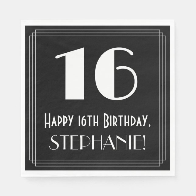 Guardanapo De Papel 16º Aniversário ~ Arte Deco Inspirou "16", Nome (Frente)