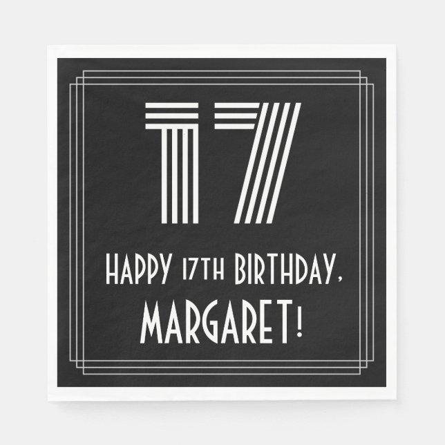 Guardanapo De Papel 17.º Aniversário: Art Deco Inspirou "17" + Nome (Frente)