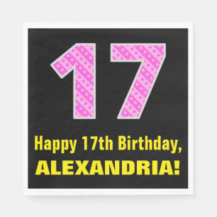 Guardanapo De Papel 17.o aniversário: Listras e Corações Rosa "17" 