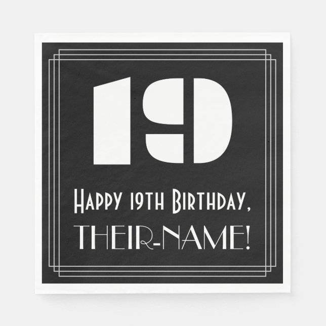 Guardanapo De Papel 19.º Aniversário: Art Deco Inspirou "19" + Nome (Frente)