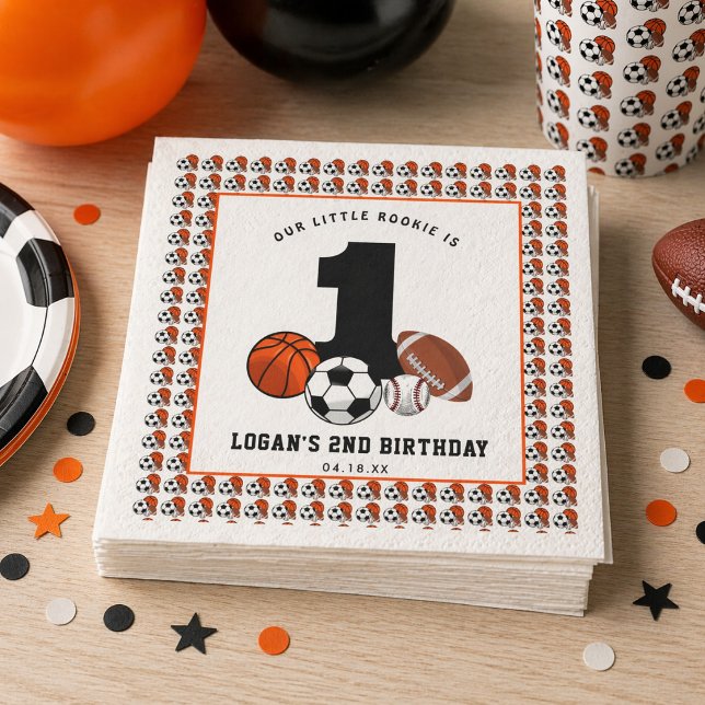 Guardanapo De Papel 1 Tema de Esportes com Bola Aniversário de 1 ano d (1 Ball Sports Theme Boy’s 1st Birthday Napkins)