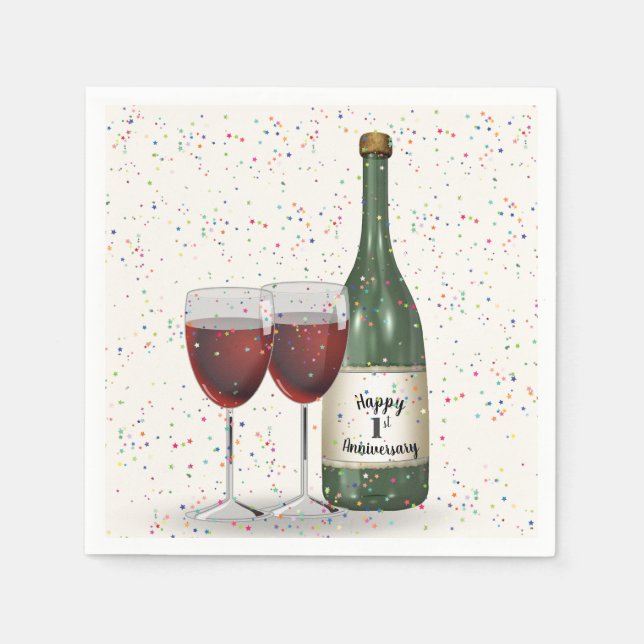 Guardanapo De Papel 1st Anniversary Party Wine Bottle and Two Glasses (Frente)