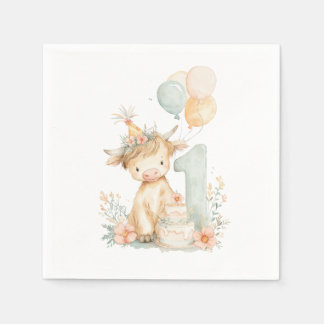 Guardanapo De Papel 1st birthday highland cow