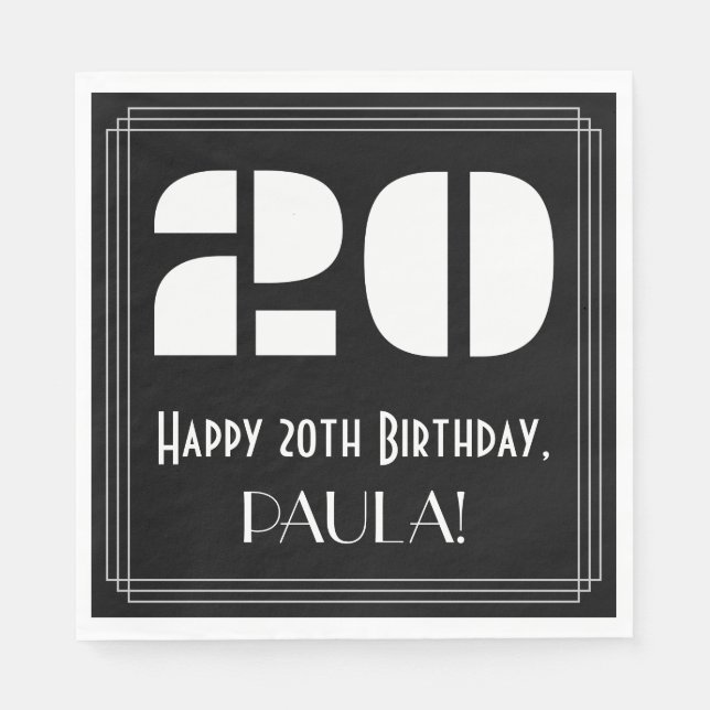 Guardanapo De Papel 20 Aniversário: Art Deco Inspirou "20" + Nome (Frente)