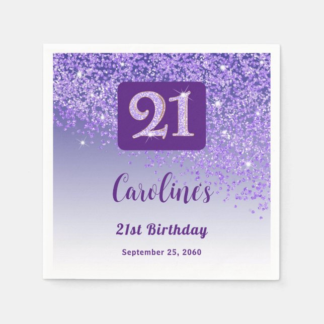 Guardanapo De Papel 21st Birthday Party Sparkling Purple Glitter (Frente)