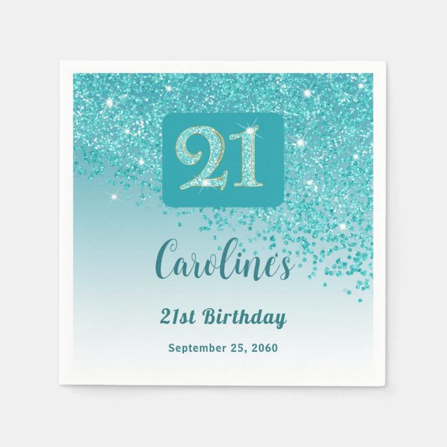 Guardanapo De Papel 21st Birthday Party Sparkling Teal Blue Glitter (Frente)