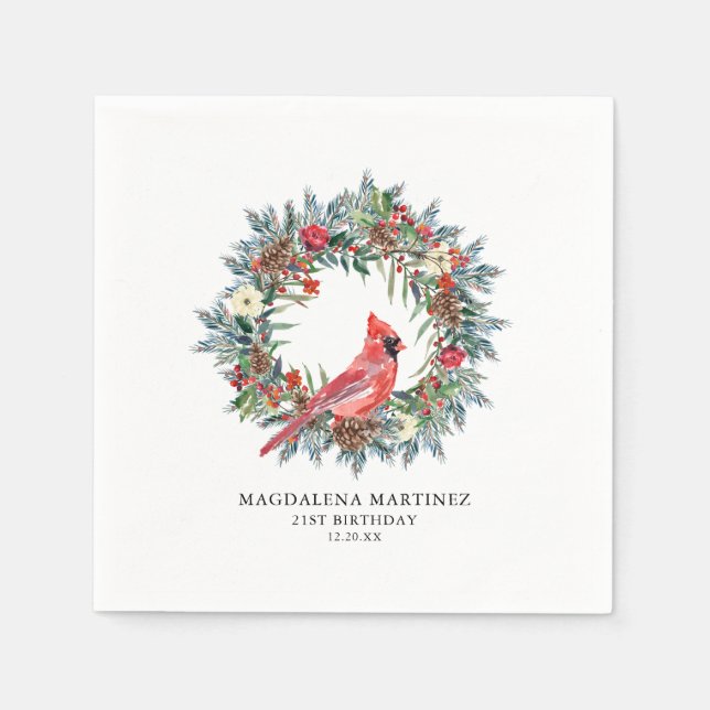Guardanapo De Papel 21st Birthday Red Cardinal Wreath Custom Cocktail (Frente)