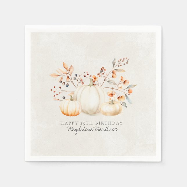 Guardanapo De Papel 25 Birthday White Pumpkin Fall Folha Personalizada (Frente)
