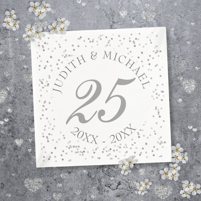 Guardanapo De Papel 25 Casamento Aniversário Silver Stardust Confetti (25th Wedding Anniversary Silver Stardust Confetti Paper Napkins)
