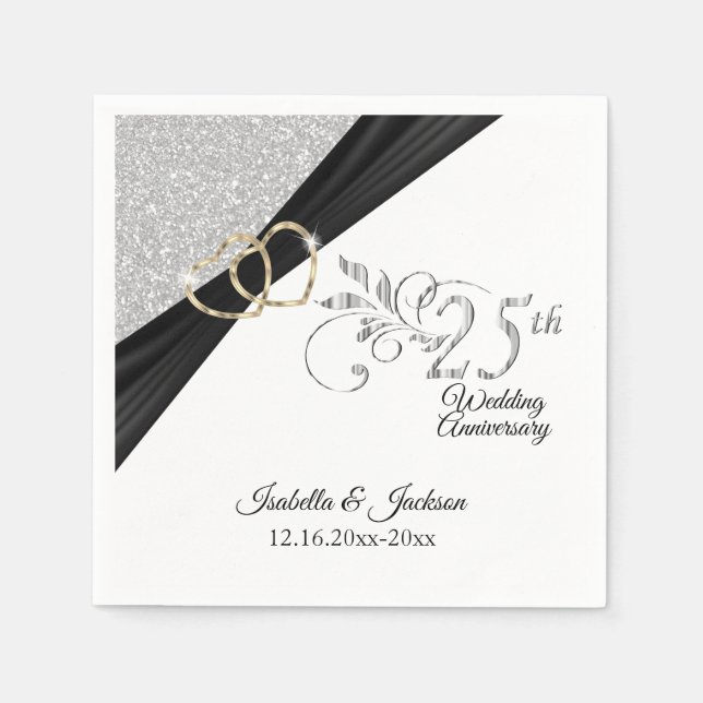 Guardanapo De Papel 25 Dourado Hearts e Aniversário do Silver Glitter (Frente)