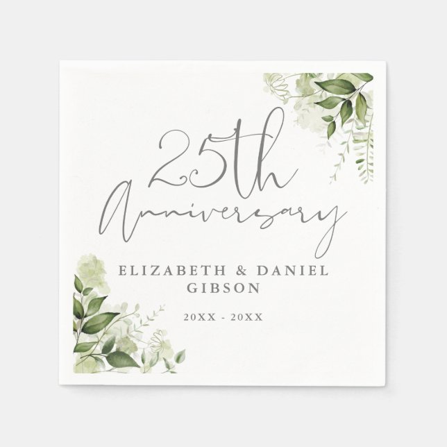 Guardanapo De Papel 25th Wedding Anniversary Greenery Silver Script (Frente)