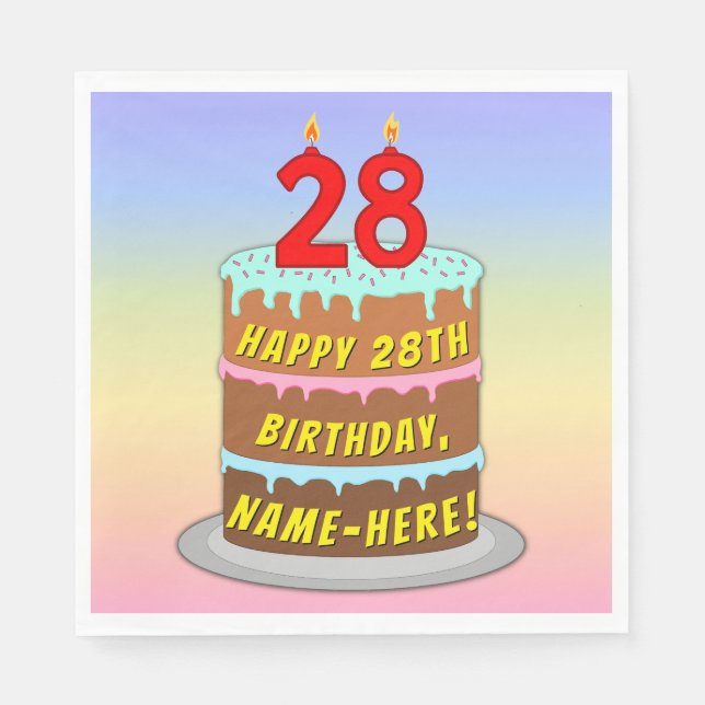 Guardanapo De Papel 28.º Aniversário: Bolo e Velas Divertidas + Nome P (Frente)