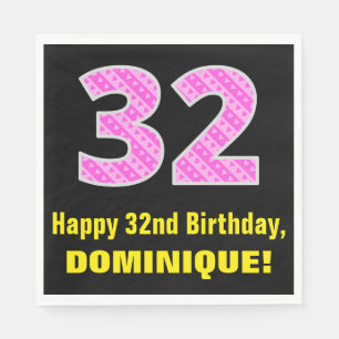 Guardanapo De Papel 32º Aniversário: Listras e Corações Rosa "32" 
