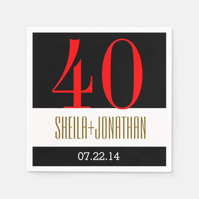 Guardanapo De Papel 40º Aniversário moderno preto vermelho Dourado V02 (Frente)
