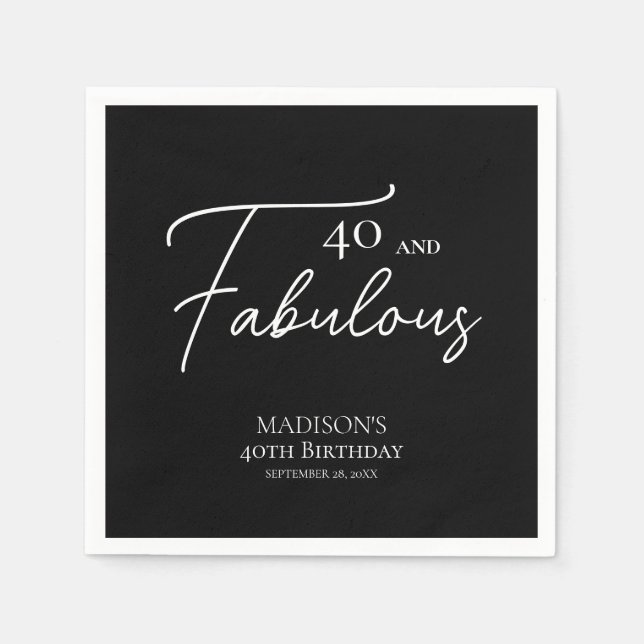 Guardanapo De Papel 40 e Fabuloso 40º aniversário preto e branco (Frente)