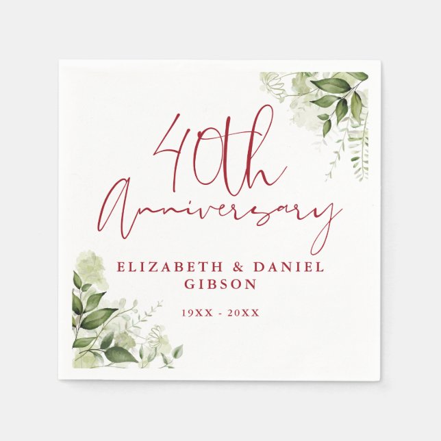 Guardanapo De Papel 40th Wedding Anniversary Greenery Floral (Frente)
