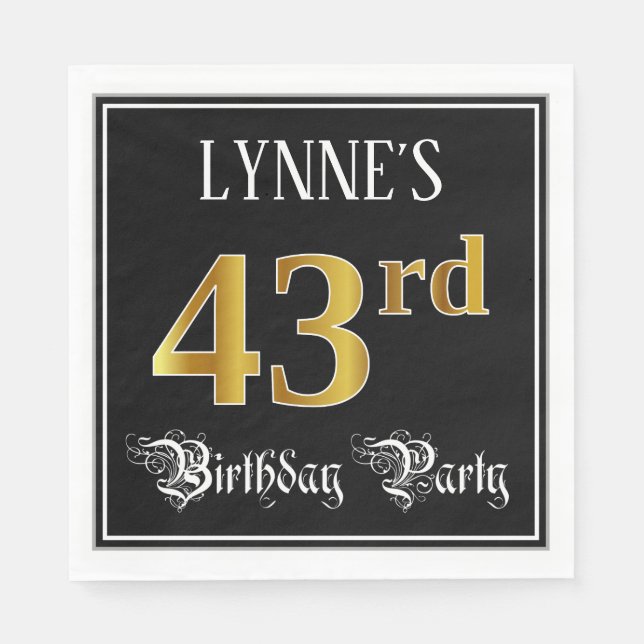 Guardanapo De Papel 43rd Birthday Party — Fancy Script, Faux Gold Look (Frente)