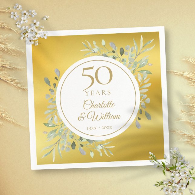 Guardanapo De Papel 50º Aniversário do Casamento Greenery Gold Foil (50th Wedding Anniversary Greenery Gold Foil Napkins)