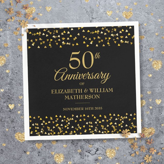 Guardanapo De Papel 50º Aniversário do Casamento Negro e Dourado (50th Wedding Anniversary Black And Gold Napkins)