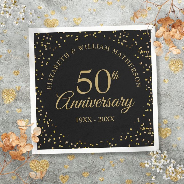 Guardanapo De Papel 50º Aniversário do Casamento Pó Dourado Negro (50th Wedding Anniversary Black Gold Dust Napkins)