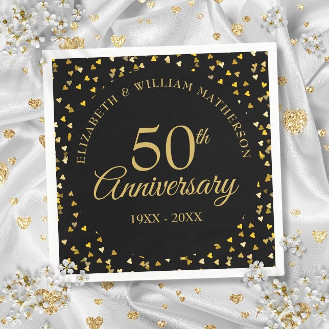Guardanapo De Papel 50º aniversário Dourado Black Love Hearts Confetti (50th Anniversary Black Gold Love Hearts Confetti Napkins)