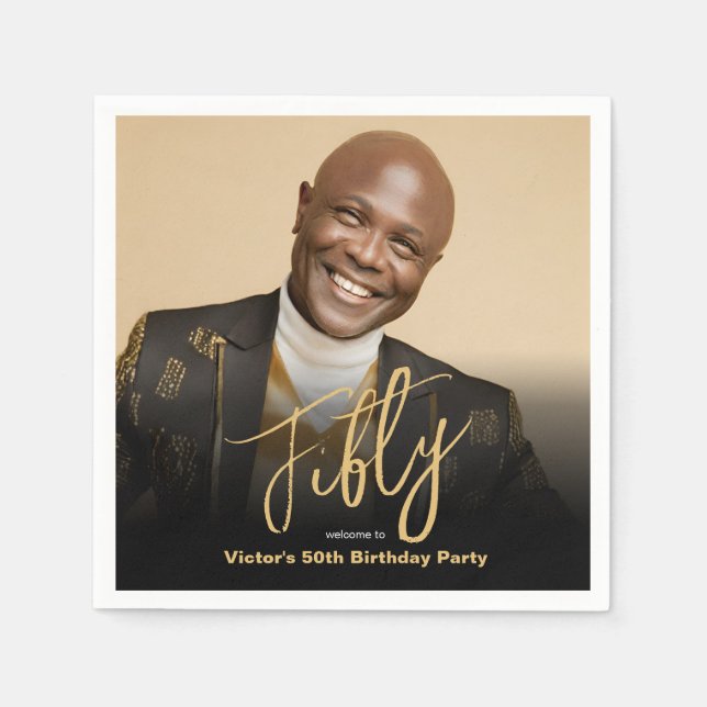 Guardanapo De Papel 50º aniversário Foto personalizada de chic Dourado (Frente)