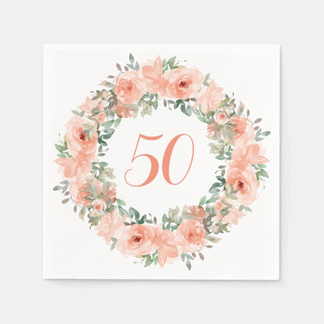 Guardanapo De Papel 50º Aniversário Peach Floral Watercolor (Frente)