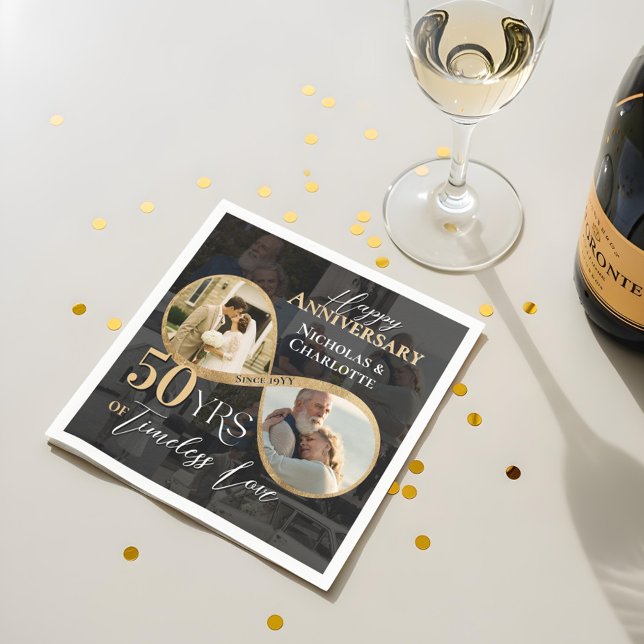 Guardanapo De Papel 50º Feliz Aniversário de Casamento Then & Now Ouro (50th Happy Anniversary Then & Now Gold Infinity Napkins)
