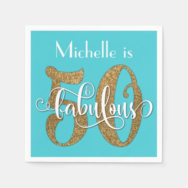 Guardanapo De Papel 50 e fabulosa turquesa de aniversário Dourada com  (Frente)